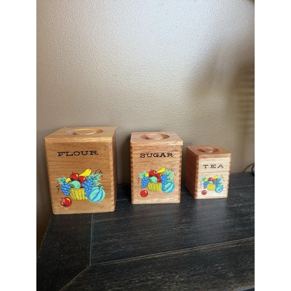 Wooden Nesting Canister Set VTG Dovetail MCM Japan Painted Fruit Basket 3 Piece